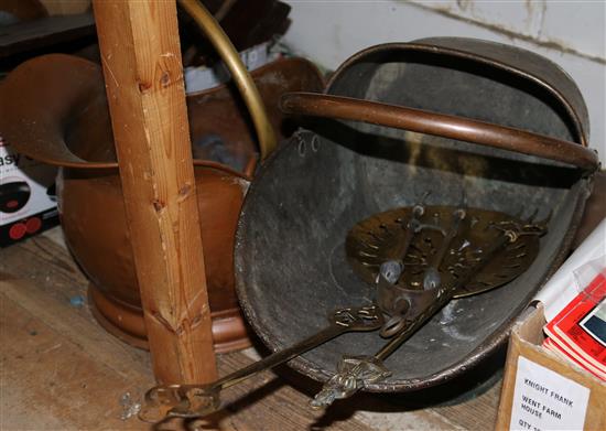 Copper kettle burner and stand, copper coal scuttle